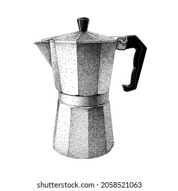 Geyser coffee maker. Moka pot. Moka Express italiano. Ilustración dibujada a mano vectorial en estilo grabado vintage. Esbozo realista en retro. Pointillismo.