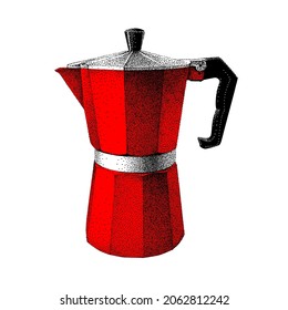 Geyser coffee maker. Masa de color rojo. Moka Express italiano. Ilustración dibujada a mano vectorial en estilo vintage. Esbozo realista. Pointillismo.