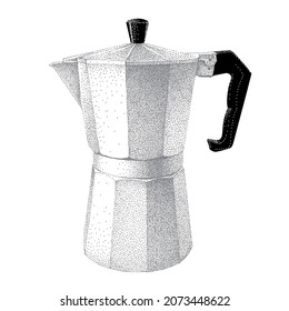 Geyser coffee maker. Pozo moka de color gris. Moka Express italiano. Ilustración dibujada a mano vectorial en estilo grabado vintage. Esbozo realista en retro. Pointillismo.