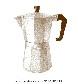 Geyser coffee maker. Moka pot of brown color. Vector hand drawn illustration in vintage style. Realistic sketch in retro. Pointillism.