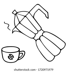 Geyser coffee maker and mug. Pour hot coffee into a coffee bean print cup. Utensils for morning coffee. Vector illustration in doodle style. Contour on an isolated white background. Sketch. 