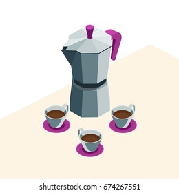 geyser coffee maker with mugs on the table.coffee set of three coffee Cup and the hot coffee in isometric. Vector illustration with isolated elements.