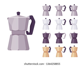 Geyser coffee maker set. Cooking appliance to brew coffee, making moka drink, classic octagon shape. Vector flat style cartoon illustration isolated on white background, different views and colors