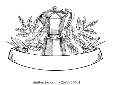 A geyser coffee maker with a coffee tree branch and a sign. Realistic coffee-themed vector illustration for menu design, coffee shop interiors, signs, interior paintings, and poster printing