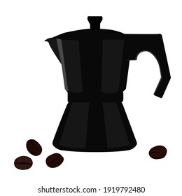 Geyser coffee maker vector stock illustration. Espresso. Coffee beans. Close-up. Pot for making Italian coffee. Isolated on a white background.