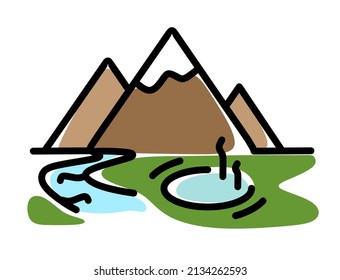 Geyser mountains and river in the logo. The concept of Kamchatka. Vector illustration isolated on a white background