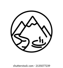 Geyser mountains and a river in a round logo. The concept of Kamchatka. Vector illustration isolated on a white background