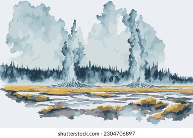 Geyser in Yellowstone. Vector illustration of Yellowstone. Panorama of Yellowstone.