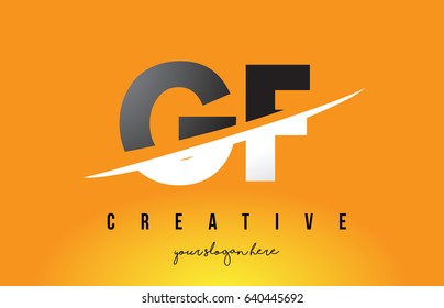 GF G F Letter Modern Logo Design with Swoosh Cutting the Middle Letters and Yellow Background.