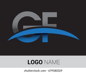 GF initial logo company name colored grey and blue swoosh design.