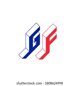 GF - código internacional de dos letras o dominio nacional de Guyana Francesa. G y F - Monograma o logotipo. Fuente isométrica 3d para el diseño. Letras de tres dimensiones.