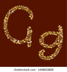 Gg golden glitter letter. Fresh latin alphabet. Ordinary gold texture. Handwritten, bright. Vector ABC. Latin calligraphy.