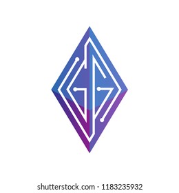 GG Initial letter block chain logo icon vector template. Looping mono line circuit letter on rhombus cube logo