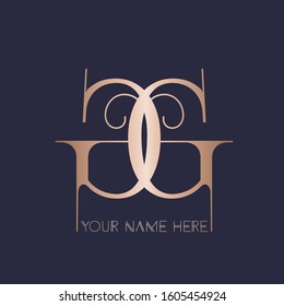 GG monogram logo.Decorative style typographic icon.Lettering sign.Alphabet initials in gold metallic color isolated on dark background.Abstract luxury letter g.Beauty,boutique,ornate characters.