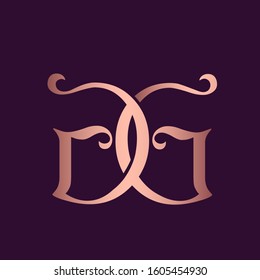 GG monogram logo.Decorative style typographic icon.Lettering sign. Alphabet initials in rose gold metallic color isolated on dark background.Abstract luxury letter g.Beauty,boutique,ornate characters.