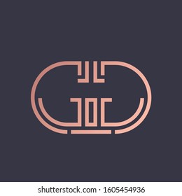GG monogram logo.Geometric style typographic icon.Lettering sign.Alphabet initials in rose gold metallic color isolated on dark background.Abstract luxury letter g.Beauty,boutique modern characters.