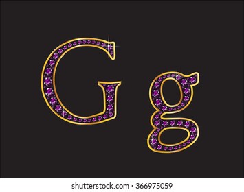 Gg in stunning amethyst precious round jewels set into a 2-level gold gradient channel setting, isolated on black. Vector EPS-10 file, transparency used. 