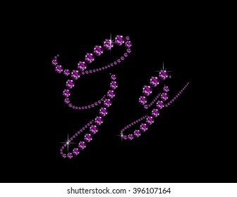Gg in stunning Amethyst Script precious round jewels, isolated on black. Vector EPS-10 file, transparency used. 