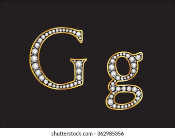 Gg in stunning diamond precious round jewels set into a 2-level gold gradient channel setting, isolated on black. Vector EPS-10 file, transparency used. 