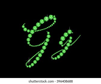 Gg in stunning Peridot Script precious round jewels, isolated on black. Vector EPS-10 file, transparency used. 