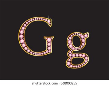 Gg in stunning rose quartz semi-precious round jewels set into a 2-level gold gradient channel setting, isolated on black. Vector EPS-10 file, transparency used. 