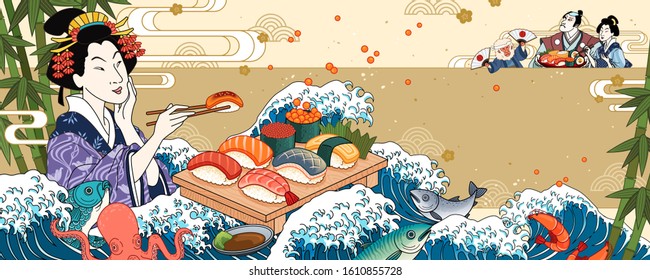 Ggeisha Eating Sashimi On Giant Wave Tides Background In Ukiyo-e Style