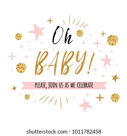 Ggentle Oh Baby Text With Cute Gold, Pink Colors For Girl Baby Shower Card Invitation Template Vector Illustration. Banner For Children Birthday Design, Label, Print, Sign, Symbol