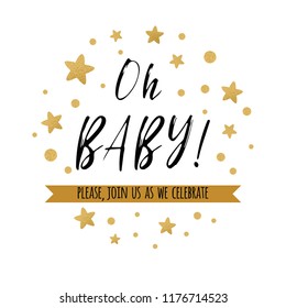 Ggentle Oh baby text with cute gold, pink colors for girl baby shower card invitation template Vector illustration. Banner for children birthday design, label, print, sign, symbol