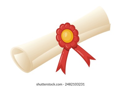 Ggraduate diploma paper scroll with wax seal and red ribbon. Classic graduation ceremony certificate. The rolled paper, reminiscent of ancient document.