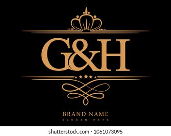 G&H Initial logo, Ampersand initial logo gold with crown and classic pattern