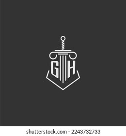 GH firma de ley de monograma inicial con diseño de logotipo de espada y pilar