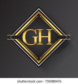 GH Letter logo in a square shape gold and silver colored geometric ornaments. Vector design template elements for your business or company identity.