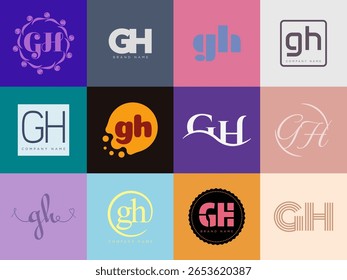 Modelo da empresa de logotipo GH. Letra g e logotipo h. Defina diferentes letras serifas clássicas e texto em negrito moderno com elementos de design. Tipografia inicial da fonte. Coleção de identidade de negócios na moda.