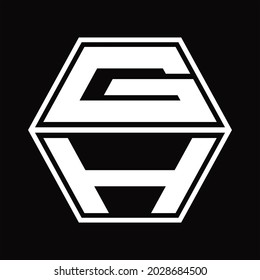 Monograma del logotipo GH con forma hexagonal arriba y abajo plantilla de diseño de fondo negro