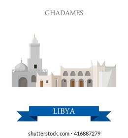 Ghadames in Libya. Flat cartoon style historic sight showplace attraction web site vector illustration. World countries cities vacation travel sightseeing Africa collection.