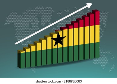 Ghana 3D bar chart graph vector, upward rising arrow on data, country statistics concept, Ghana country flag on 3D bar graph, increasing values, news banner idea