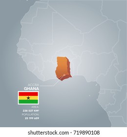 Ghana 3d map with information of area and population of the country.