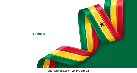 Ghana 3D ribbon flag. Bent waving 3D flag in colors of the Ghana national flag. National flag background design.