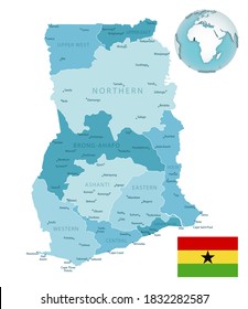 Ghana administrative blue-green map with country flag and location on a globe. Vector illustration