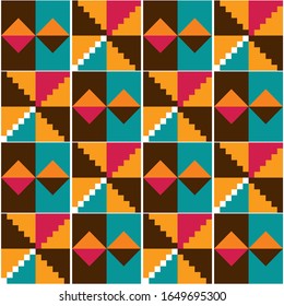 Ghana African tribal Kente cloth style vector seamless textile pattern, geometric nwentoma design in orange, red, brown and turquoise. Abstract vibrant repetitive design, Kente mud cloth style 