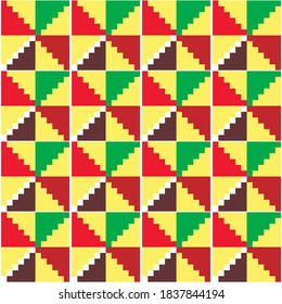 Ghana African tribal Kente cloth style vector seamless textile pattern, geometric nwentoma design in yellow, red, brown and green. 
Abstract vibrant repetitive design, Kente mud cloth style