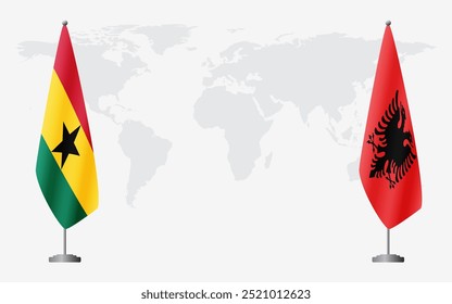 Bandeiras de Gana e Albânia para reunião oficial contra fundo do mapa do mundo.