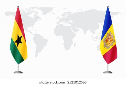 Bandeiras de Gana e Andorra para reunião oficial contra fundo do mapa do mundo.