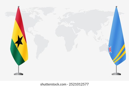 Bandeiras de Gana e Aruba para reunião oficial contra fundo do mapa do mundo.