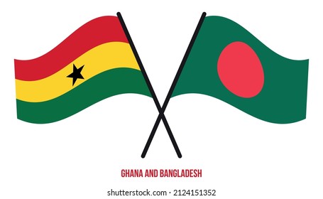 Ghana and Bangladesh Flags Crossed And Waving Flat Style. Official Proportion. Correct Colors.