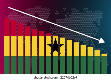 Ghana bar chart graph, decreasing values, crisis and downgrade concept, Ghana flag on bar graph, down arrow on data, news banner idea, fail and decrease, financial statistic