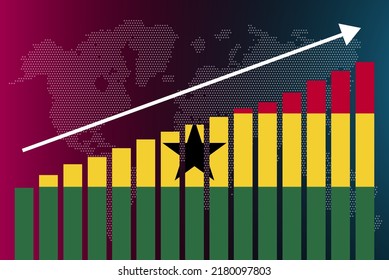 Ghana bar chart graph, increasing values, country statistics concept, Ghana country flag on bar graph, upward rising arrow on data, news banner idea