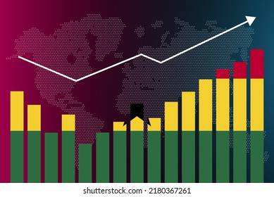 Ghana bar chart graph with ups and downs, increasing values, Ghana country flag on bar graph, upward rising arrow on data, news banner idea, developing country concept