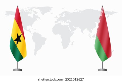 Bandeiras de Gana e da Bielorrússia para reunião oficial contra o fundo do mapa do mundo.