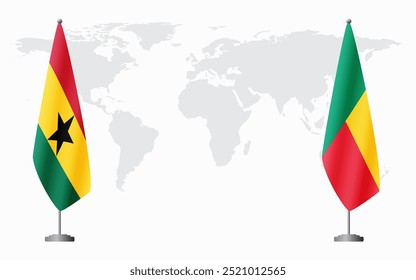 Flaggen von Ghana und Benin für offizielle Treffen vor dem Hintergrund der Weltkarte.